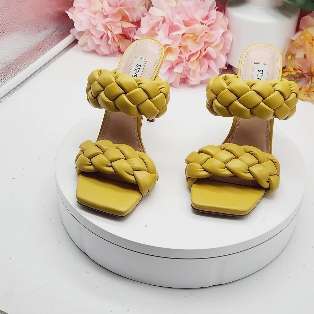 Steve Madden Kenley Citron Braided High Heel Sandals Slide-on Yellow Size 6.5 - Picture 2 of 16